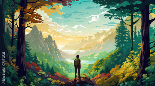 A man is standing on a cliff looking down at waterfalls, in the forest. Abstract nature background landscape illustration design photo