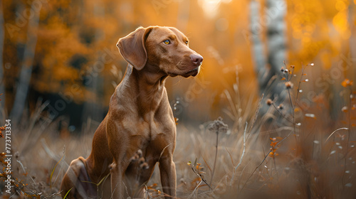 Hungarian hound pointer slavish dog in autumn time Hungarian hound pointer dog in the field during autumn time, its russet-gold coat blending seamlessly with the fall leaves around it, Generative Ai
