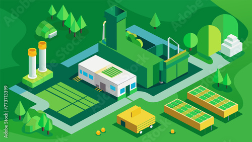 An overhead view of a manufacturing plant with a green filter highlighting the areas dedicated to waste reduction such as recycling stations