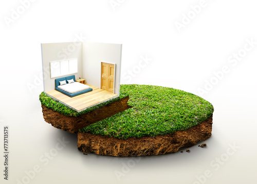 Bed room near big tree on tiny earth land with green grass in real estate sale or property investment concept. ground ecology isolated on light. Isometric low poly part of house. 3d rendering.