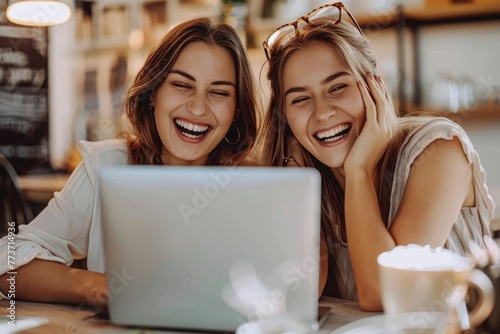 Happy smiling business women working together online on a laptop in office, Generative AI © Stock Saga