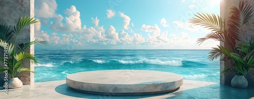 Serene Beachfront Podium for Idyllic Display and Relaxation.