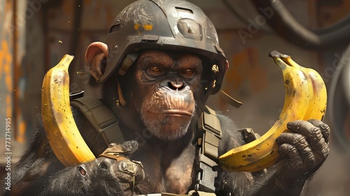 Fighting monkey. Monkey in military uniform with bananas. A monkey in an armored vest and helmet with bananas in his paws.