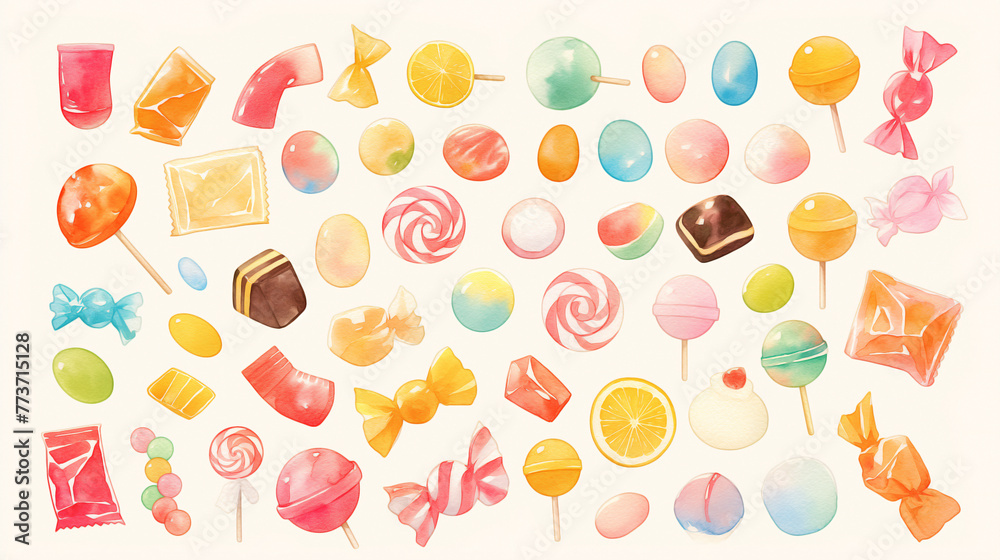 Cute Colorful Candy draw by watercolor in different sizes and shapes, 