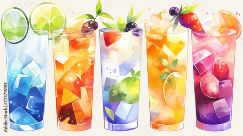 watercolor 6 glasses of colorful iced drink with fruit decoration  in the style of clip art, 2d flat view