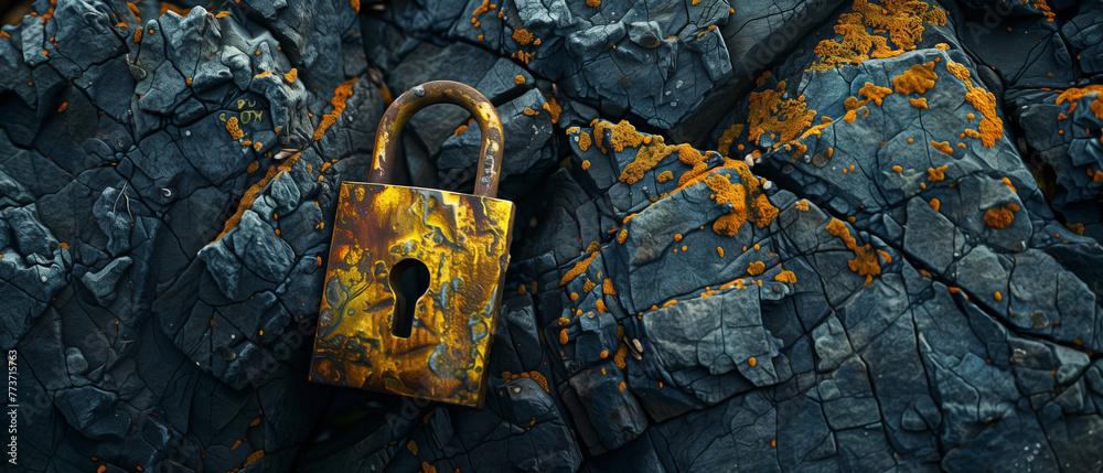 The lock made of yellow magma stone against a dark background