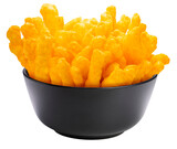 Corn snacks cheesy in Black bowl isolated on white background, Puff corn or Corn puffs cheese flavor on white With PNG File.