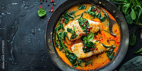 Red curry with spinach coconut milk and baked fish  in a bowl