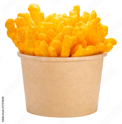 Corn snacks cheesy in paper box isolated on white background, Puff corn or Corn puffs cheese flavor on white With PNG File.