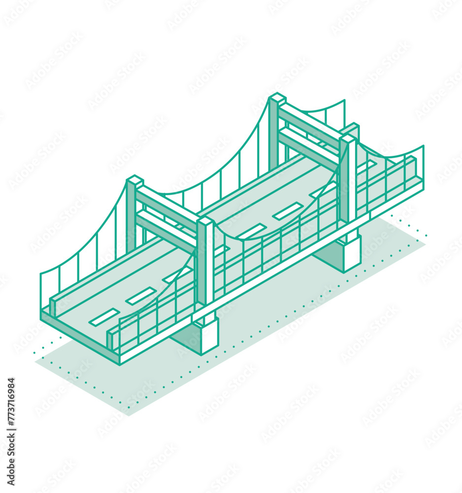 Isometric outline bridge. Road icon. Urban infrastructure. Suspension bridge. - obrazy, fototapety, plakaty 