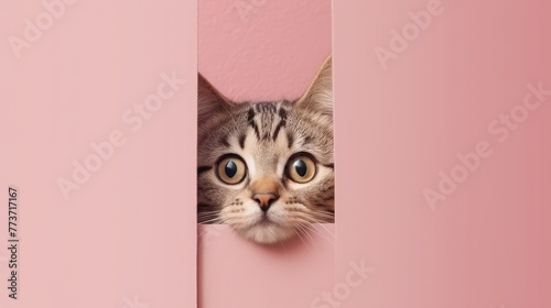 Adorable Tabby Cat Peeking Out Behind Pink Wall