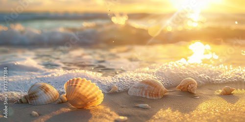 A image of a peaceful beach scene during golden hour, with soft sunlight, gentle waves, and seashells scattered along the shores