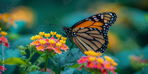 Majestic Monarch A Captivating Encounter of a Butterfly and Lantana Flower, generative ai © Chaman