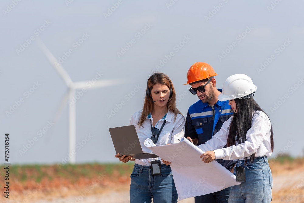 engineer team inspection check control wind power machine construction installation in wind energy factory. technician professional worker discussion check for repair maintenance wind turbine engineer team inspection check control wind power machine construction installation in wind energy factory. technician professional worker discussion check for repair maintenance wind turbine