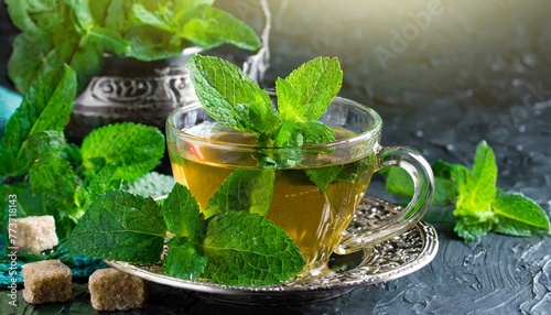 cup of tea with mint, wallpaper texted Mint tea with fresh leaves close up