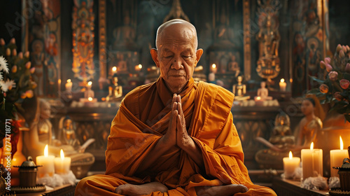 Buddhist Monk in deep meditation, surrounded by burning candles, in etting of a traditional Buddhist temple. Religion, traditional eastern meditation, prayer, spiritual practice photo