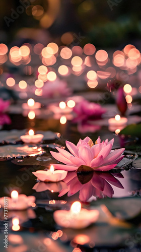 Glowing candles in the shape of a lotus, lotus flowers floating on a serene water surface at dusk, symbolizing peace and spirituality. Religious Asian holiday, festival