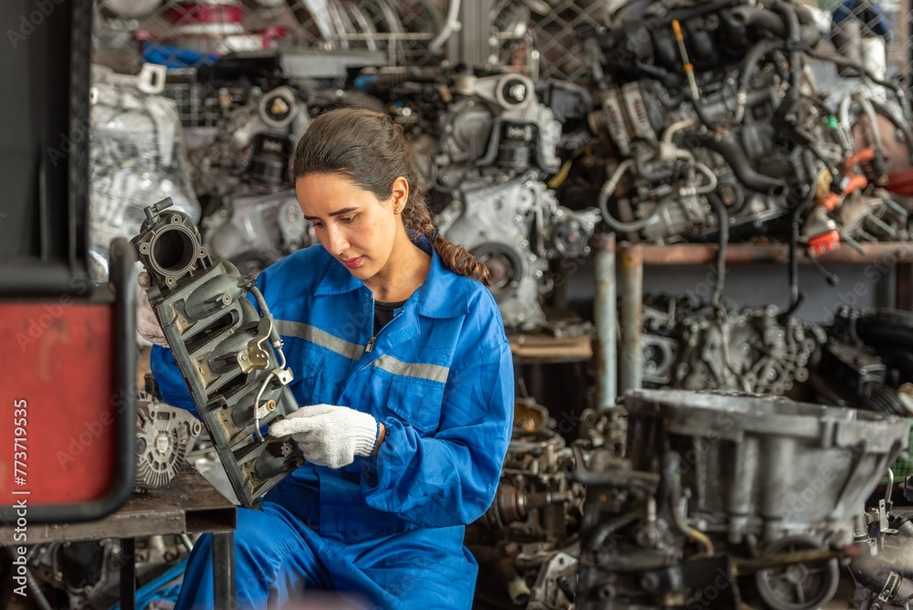 auto professional mechanical technician garage motor car engine woman check automobile engine for diagnostic maintain transmission machine. technician worker auto in garage check engine car motor auto professional mechanical technician garage motor car engine woman check automobile engine for diagnostic maintain transmission machine. technician worker auto in garage check engine car motor