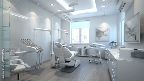 Interior de una clinica dental moderna y minimalista, con tonos blancos y limpios, AI Generative