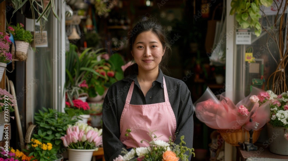 Portrait of a happy woman standing in front of a flower shop with a display of flowers and plants with a bouquet of flowers in his hands. Successful small business owner, AI Generative