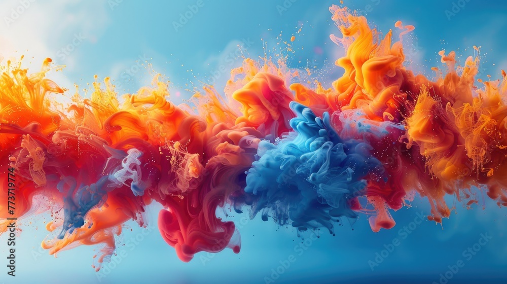 Fototapeta premium Generative AI A Vibrant Explosion of Abstract Shapes and Colors with Blue Background.