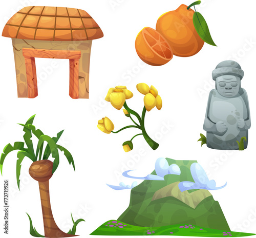 Jeju island traditional elements set. South Korea tourism city elements and culture symbols - orange tangerine and branch with flowers, palm tree and volcano mountain, stone statue dol hareubang
