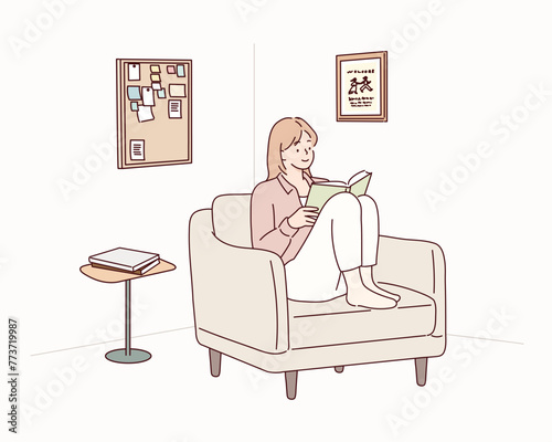 woman reading book while sitting on beige sofa in room. Hand drawn style vector design illustrations.