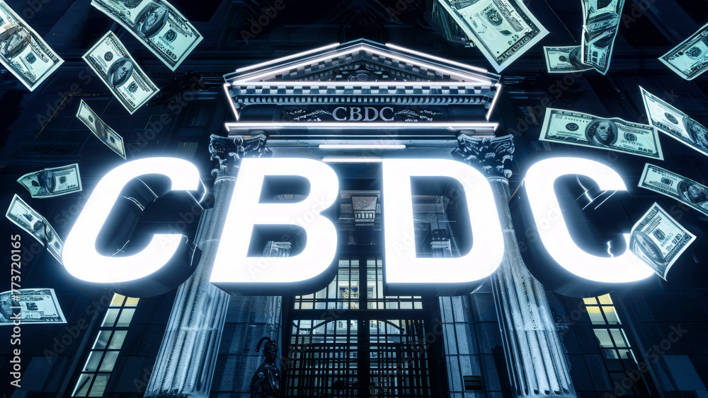 Obraz premium Illuminated CBDC Sign on Banking Building Facade with Floating Dollar Bills