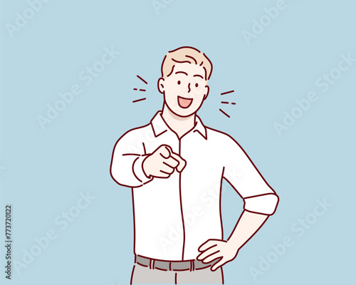  businessman posing on blue background. we want you. Hand drawn style vector design illustrations.