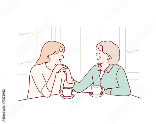 Cheerful old mother and young adult woman talking laughing together, smiling elderly older mum having fun chatting with grown daughter. Hand drawn style vector design illustrations.