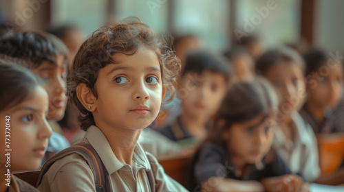 Young Girl's Eyes Filled with Curiosity at Elementary School Assembly