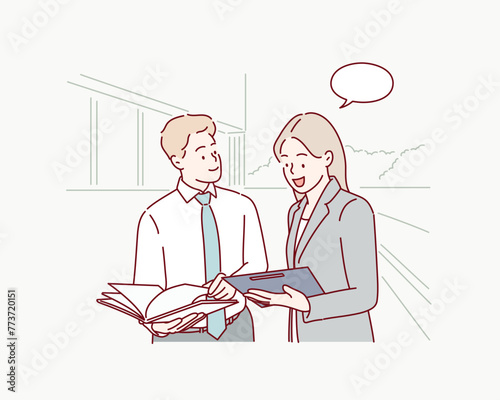 Young business people are relaxing in front of the company building and discussing abot new project. Hand drawn style vector design illustrations.