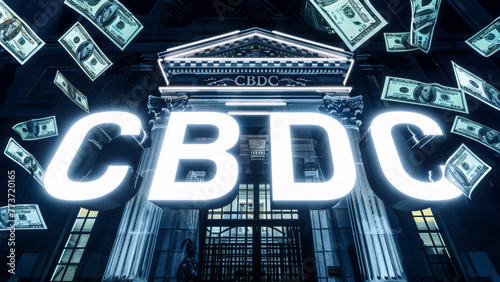 Illuminated CBDC Sign on Banking Building Facade with Floating Dollar Bills photo
