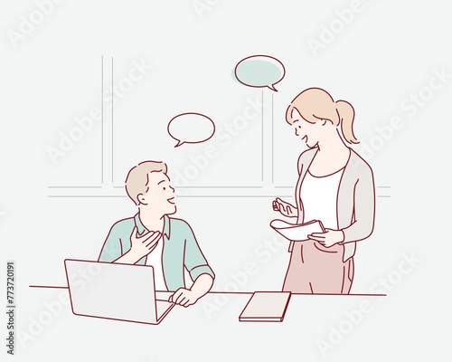 Young business people are relaxing in office and discussing abot new project. Hand drawn style vector design illustrations.