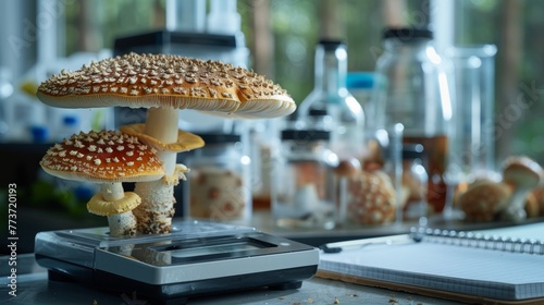 Amanita muscaria mushroom on a wooden lab table among scientific research equipment