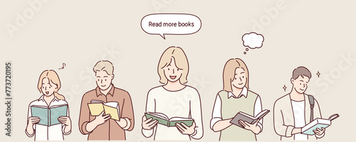 Group of people with books. Hand drawn style vector design illustrations.