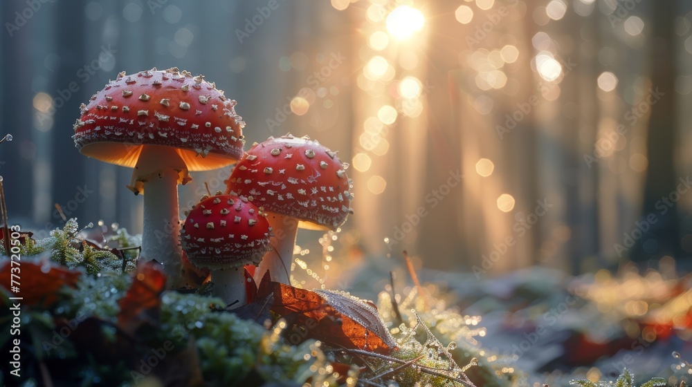 Enchanting Amanita muscaria mushrooms basking in sunlight on a frosty forest floor - obrazy, fototapety, plakaty 