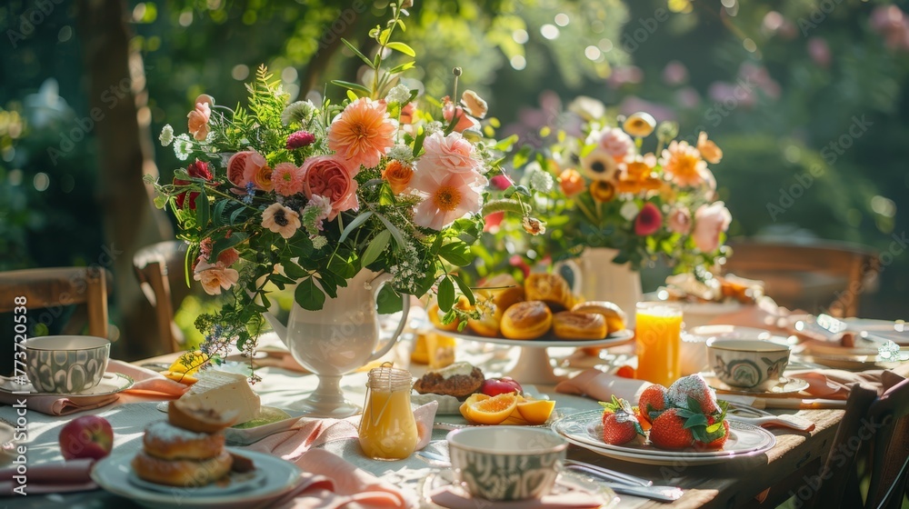 Idyllic Outdoor Tea Party Setup with Blooming Floral Centerpiece and Gourmet Pastries