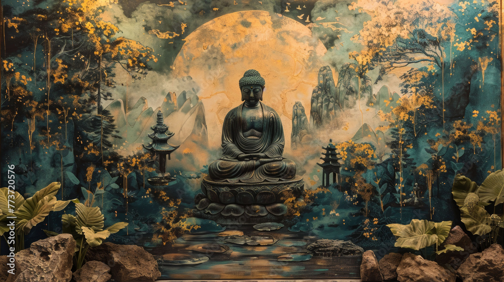 Serene Buddha Statue in Mystical Forest with Full Moon, Spiritual Zen Artwork