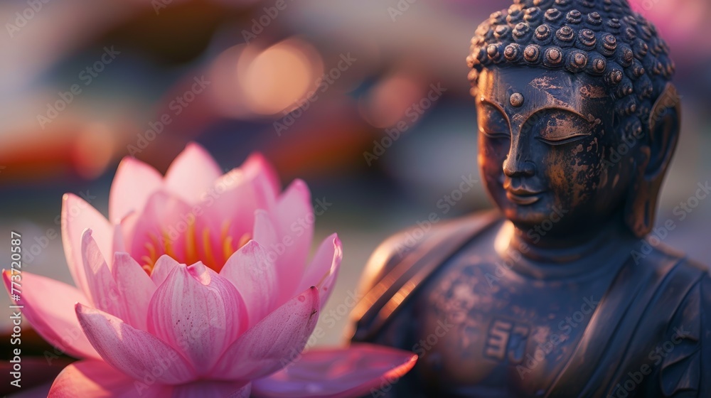 Close-up of Buddha Statue with Lotus Flower at Sunset, Symbol of Peace and Spirituality