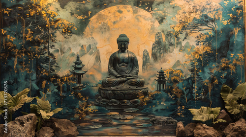 Serene Buddha Statue in Mystical Forest with Full Moon, Spiritual Zen Artwork