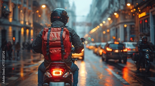 A food delivery courier on a motorbike with a red backpack is swiftly transporting food to customers.