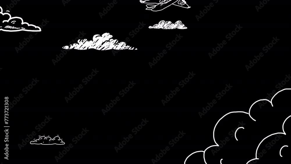 Animated cartoon planes flying through clouds with alpha channel. Cartoon scribble hand drawn style. Transparent background.