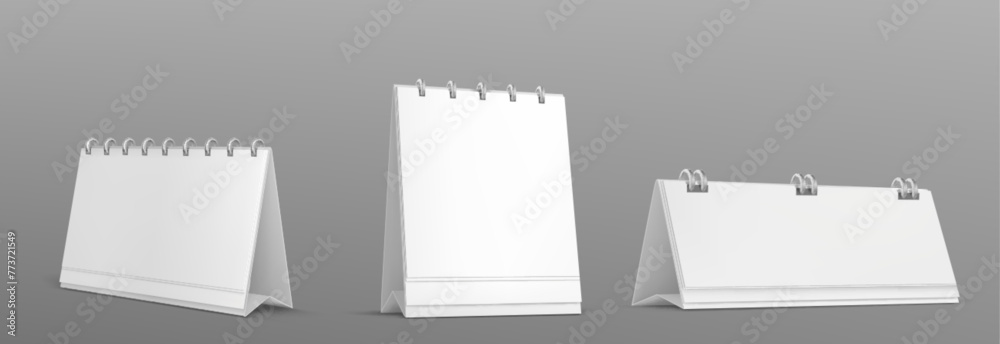 Blank desk spiral calendar white isolated mockup. Realistic mock up for paper table calender. 3d standing tent agenda planner with empty page. Monthly sheet or organizer cover for appointment set - obrazy, fototapety, plakaty 