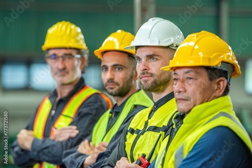 A group of construction workers wearing hard hats and safety vests are standing in a row looking at something. © BESTIMAGE