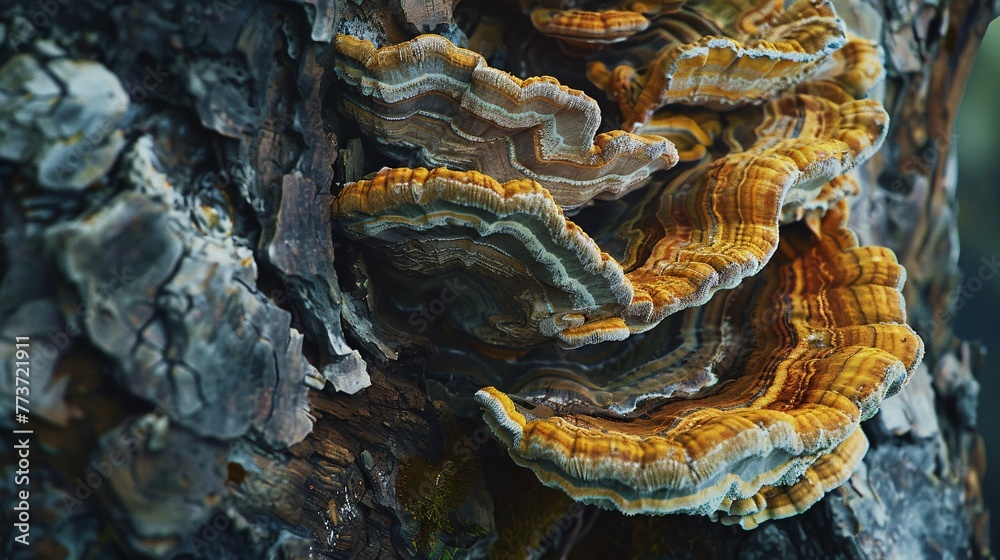 Trametes versicolor growing on a mature tree. Trametes versicolor growing on a mature tree.