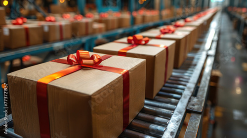 Conveyor Belt With Boxes Wrapped in Brown Paper and Red Bows