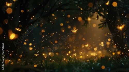 Generative AI Sparkling Fireflies Dancing in the Black Night.