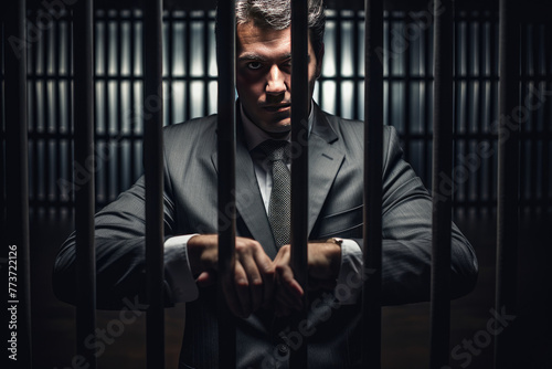 Businessman and politician corrupt oldman prisoner in orange uniform holds hands on metal bars, looking at camera. Standing, sitting behind prison bars.	
 photo