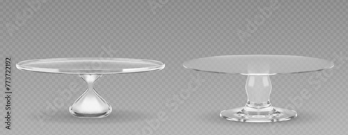 3d glass cake plate for dessert isolated vector. Realistic birthday dish stand for table. Empty pie display tray graphic set. Pretty crystal sweet food pedestal. Luxury cupcake showcase glassware